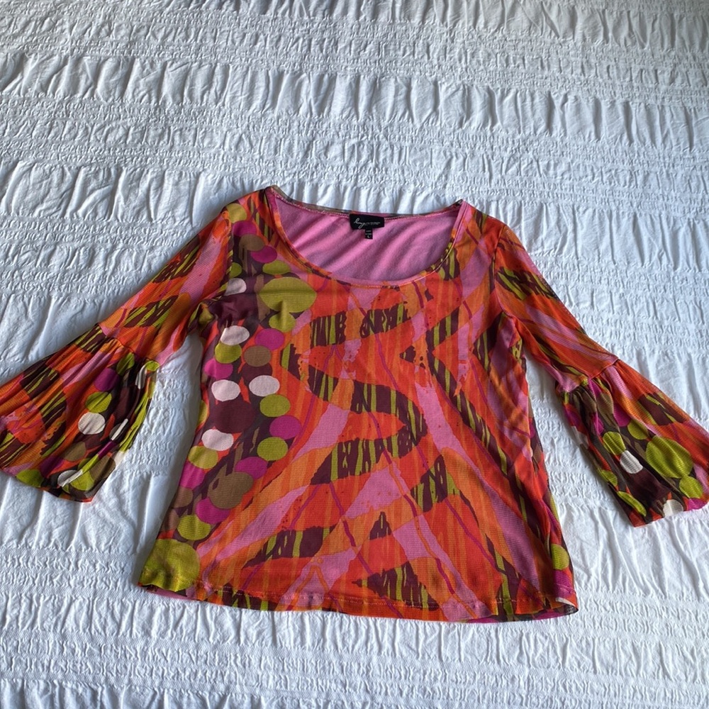Lynn Ritchie long sleeved pink and orange mod style top w bell sleeves L 🩷🧡